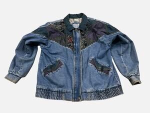 Vintage 90s Denim Tapestry Jacket Medium Oversized Patchwork Bomber Coat ^